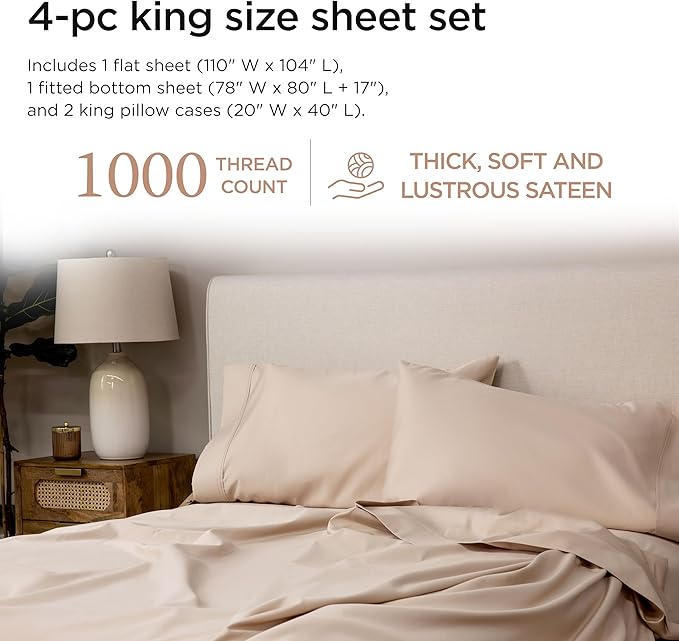 Threadmill Supima King Size Sheets, 1000 Thread Count, 4 Piece American Luxury Bed Sheets for King Mattress, 5 Star Hotel Quality Cotton Sheets with Elasticized Extra Deep Pocket, Beige