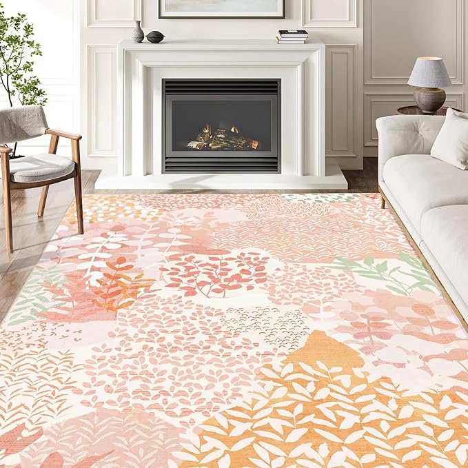 DEXDE 5x7 Area Rugs, Washable Non-Slip Abstract Boho Soft Rug for Living Room Bedroom,Leaves Floral Print Large Carpet for Entryway Playroom Office, Pink