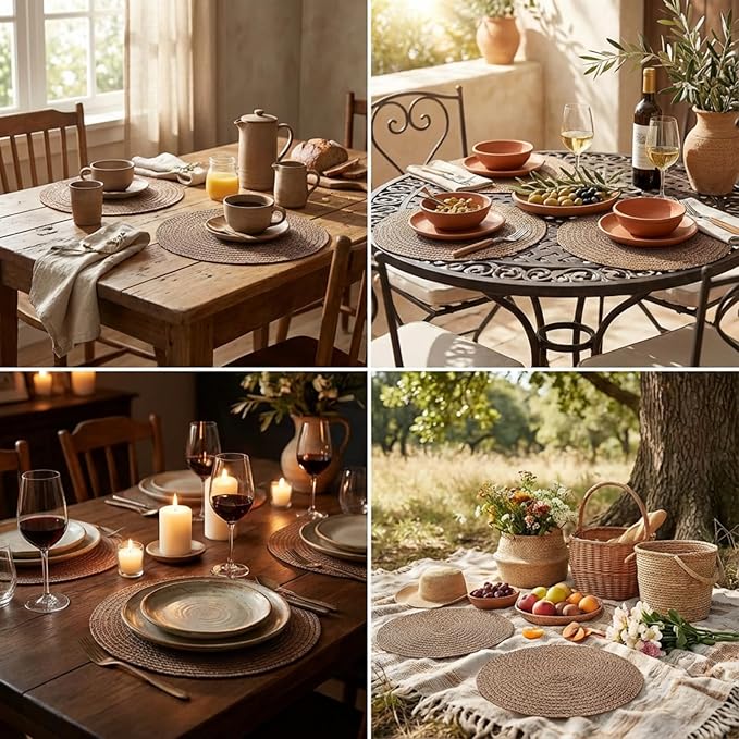 12 Pcs Jute Placemats Boho Braided Woven Table Mats for Dining Table Farmhouse Coasters for Thanksgiving Christmas Party Wedding Events (Classic,13 Inches)