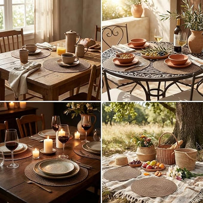 12 Pcs Jute Placemats Boho Braided Woven Table Mats for Dining Table Farmhouse Coasters for Thanksgiving Christmas Party Wedding Events (Classic,13 Inches)