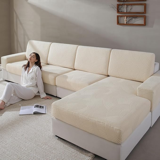 Couch Cushion Covers for Sectional and L Shaped Sofa, Stretch Soft Sofa Covers Washable Wear Resistant Slipcovers Furniture Protector Pet-Friendly (3 Seaters Covers, Ivory)