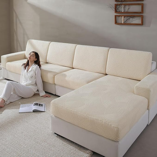 Couch Cushion Covers for Sectional and L Shaped Sofa, Stretch Soft Sofa Covers Washable Wear Resistant Slipcovers Furniture Protector Pet-Friendly (3 Seaters Covers, Ivory)