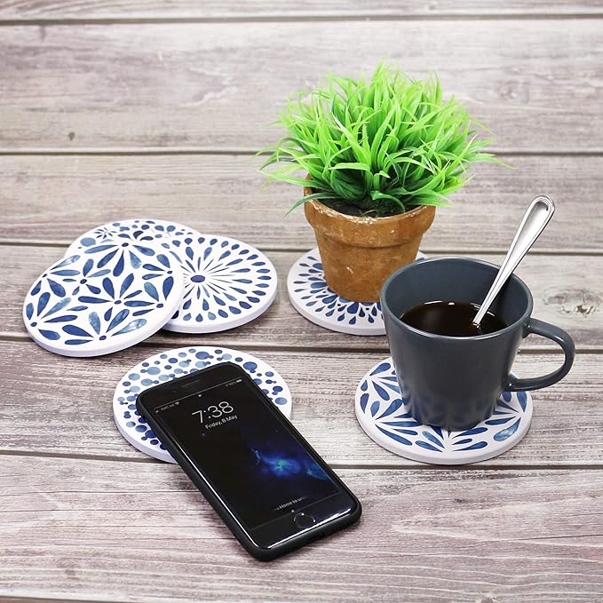 AD Set of 6 Coasters for Drinks Absorbing Round Ceramic Stone Coaster with Cork Base,Tabletop Protection Mat for Mugs and Cups,Office,Kitchen (Indigo Blue with Holder)
