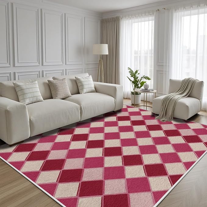 Plaid Rug, Soft Ultra Soft Faux Wool Rhombus Geometric Rugs, Indoor Floor Mats Carpet, Non Slip&Non-Shedding Low Pile Washable Rugs, Modern Red 7x10 Area Rug for Bedroom Home Decor