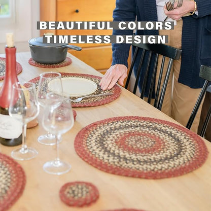 Homespice Chester Jute Braided Kitchen Trivets for Hot Dishes, Warm Cabin and Lodge Decor, Set of 6, Red 8" Round Heat Resistant Mat - Rich Colors, Easy to Clean, Durable and Protects Furniture