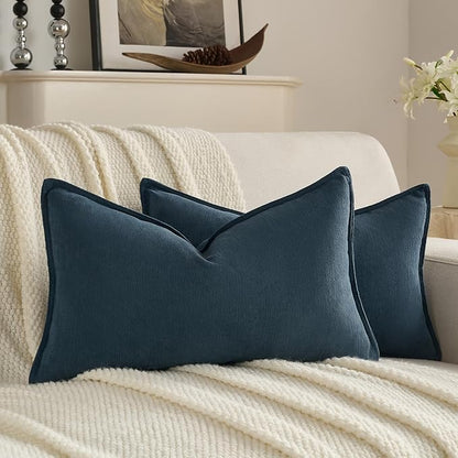 FUTEI Navy Blue Chenille Throw Pillow Covers 12x20 Inch Set of 2,Edges Double-Stitched Lumbar Pillow Cases,Modern Home Decor for Couch Living Room