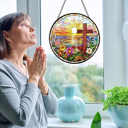 Rngmsi Cross Flower Stained Glass Window Hanging Gift, 7.8″ Sun Catchers Indoor Window Decor, Decorative Suncatchers Home Garden Art Religious Gift for Thanksgiving Christmas Housewarming