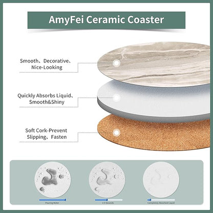 Marble Coasters for Coffee Table, Set of 6 with Holder, Ink&Wash Painting on White Absorbent Ceramic, 4 Inches