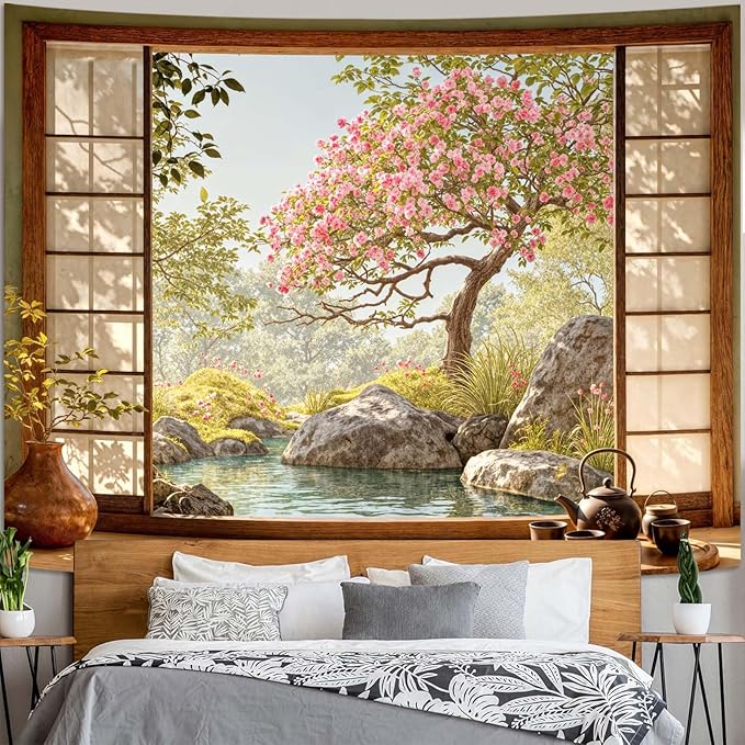 Lifeel Japanese Scenery Tapestry, Aesthetics Nature Landscape Tapestries, Asian Home Decor for Bedroom Meditation Room Living Room, 44x60 inches