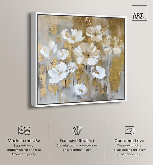 Art Remedy Golden Daisies Canvas Elegant White Gold Wall Art, White Frame, 40" x 40"