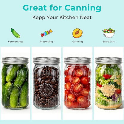 CycleMore 6 Pack 32oz Glass Mason Jars with Silver Two-Piece Lids - Wide Mouth Jars, 1 Quart Canning Jars With Sunflower Print for Preserving, Decor & Storage