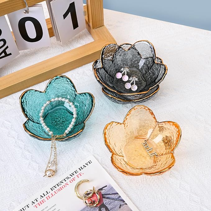 Koythin 2-Piece Glass Jewelry Tray, Small Trinket Holder for Necklace Bracelet Earring, Ring Holder for Bathroom, Aesthetic Trinket Dish, Flower Nightstand Decor for Girl Mom Women (Green)