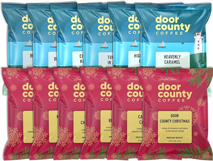 12 Days of Coffee - 2025 Christmas Advent Calendar - 12 Flavored Ground Full-Pot Bags - Unique Flavor Each Day