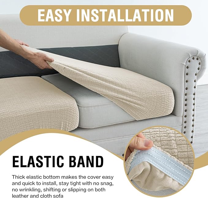 H.VERSAILTEX Super Stretch Individual Jacquard Couch Cushion Covers Furniture Protector Spandex Anti-Slip Soft Thickened Slipcovers Easy Install, (1 PC, Sofa Seat Couch Cover, Ivory)