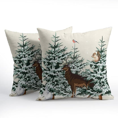 Christmas Tree Pillow Covers 18x18 Set of 2 Deer Animal Print Decorative Outdoor Dark Green Xmas Throw Pillow Cases Rustic Snow Winter Holiday Decoration Farmhouse Sofa Couch Cushion Cover Bed Decor