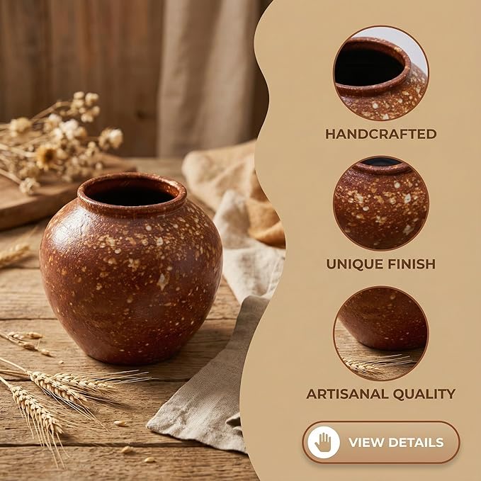7IN Rustic Farmhouse Ceramic Vase Home Decor,Handmade Vintage Stoneware Clay Pottery Terracotta Textured for Modern Farmhouse, Living Room, Office Desk Table Shelf(Brown)