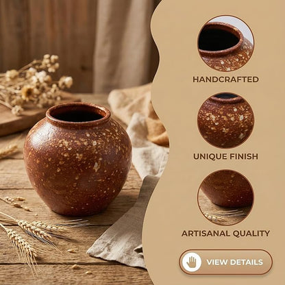 7IN Rustic Farmhouse Ceramic Vase Home Decor,Handmade Vintage Stoneware Clay Pottery Terracotta Textured for Modern Farmhouse, Living Room, Office Desk Table Shelf(Brown)