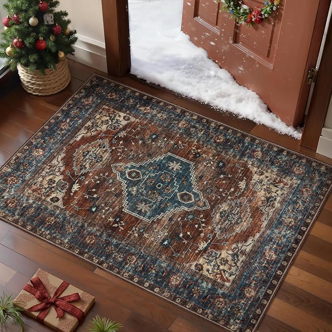 Tangsoo Oriental 2x3 Washable Rugs for Entryway Vintage Non Slip Small Area Rug, Indoor Front Door Rug, Print Door Mat Indoor Entrance Soft Low Pile Throw Rug for Entry Kitchen Bedroom Bathroom