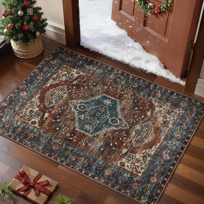 Tangsoo Oriental 2x3 Washable Rugs for Entryway Vintage Non Slip Small Area Rug, Indoor Front Door Rug, Print Door Mat Indoor Entrance Soft Low Pile Throw Rug for Entry Kitchen Bedroom Bathroom