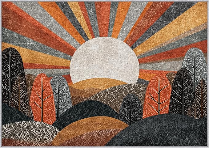 Bohemian Rug, 5x7 Area Rugs Abstract Forest Sun Tree Pattern for Living Room, Bedroom, Bohemian Home Decor Accessories Indoor Carpet, Non Slip & Machine Washable