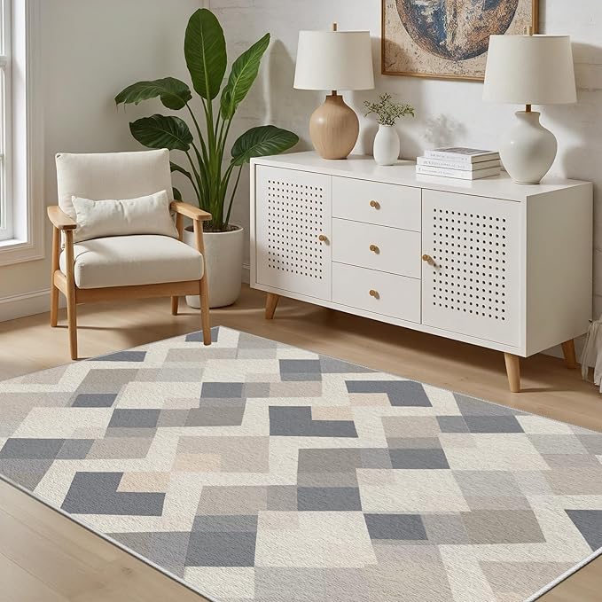 Modern Area Rug Living Room Rugs 3x5, Minimalist Soft Boho Geometric Rug, Non-Slip Washable Low Pile Non Shedding Carpet for Bedroom Office Dining Room Kitchen Nursery, Gray Beige White