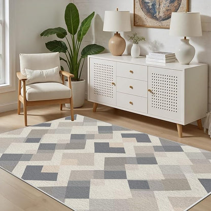 Modern Area Rug Living Room Rugs 3x5, Minimalist Soft Boho Geometric Rug, Non-Slip Washable Low Pile Non Shedding Carpet for Bedroom Office Dining Room Kitchen Nursery, Gray Beige White