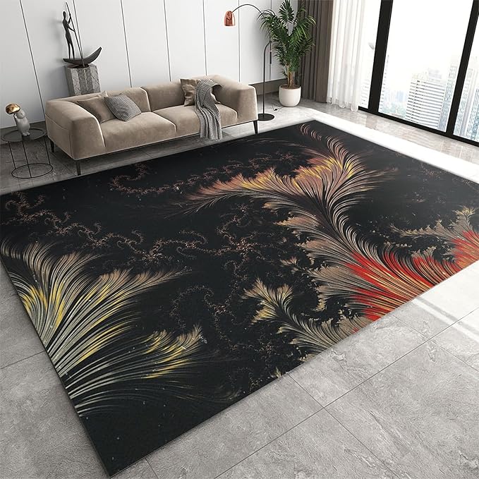Chinese Classical Aesthetics Golden Phoenix Feather Area Rug, Colorful Stylish Texture Print Large Rugs, Machine Washable Breathable Durable Carpet for Front Entrance Floor Decor,5.3 x 8ft