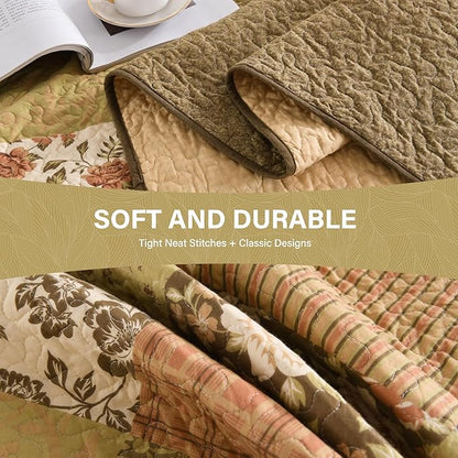 SahSahCasa 100% Cotton 120"x102" Oversized Queen Bedspread Coverlet Quilt Set, Quilted Bedspread Extra Large Quilt, Floral XL Bed Spread Lightweight Comforter, 3pc, Beige/Green/Brown
