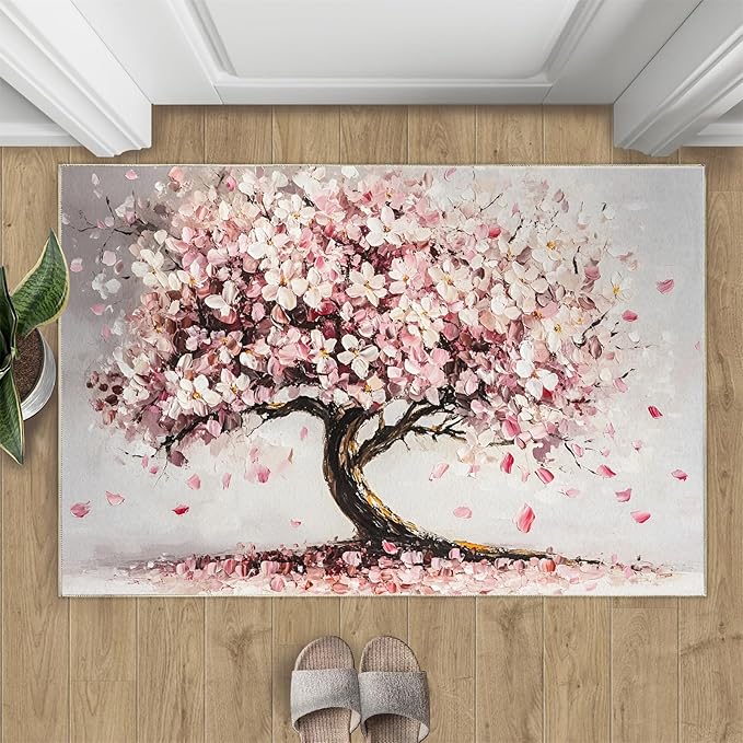 Graffiti Tree Washable Rugs 4x6 Rug for Living Room, Pink Petals 4x6 Rug Oil Painting Art Low-Pile Carpet for Bedroom Dining Non Slip Mat with Rubber Back