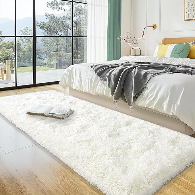 Fluffy Runner Rugs for Bedroom Hallways, 2x6 Runners for Hallways Fluffy Shag Throw Area Rug Non Slip for Bedside Dorm, Shag Rugs for Girls Boys Bedroom, Floor Carpet Runner for Kids Dorm, Cream White