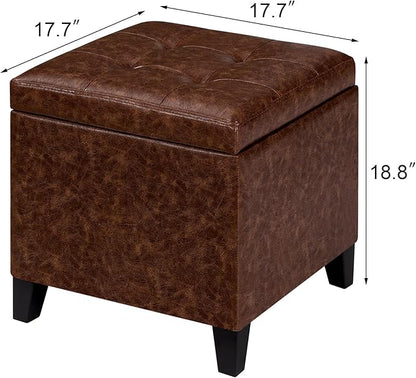 Adeco 18" Storage Ottoman Foot Rest Stool, Walnut Leather Ottoman with Black Solid Wood Legs and Hinged Lid, Small Foot Stool for Living Room, Bedroom