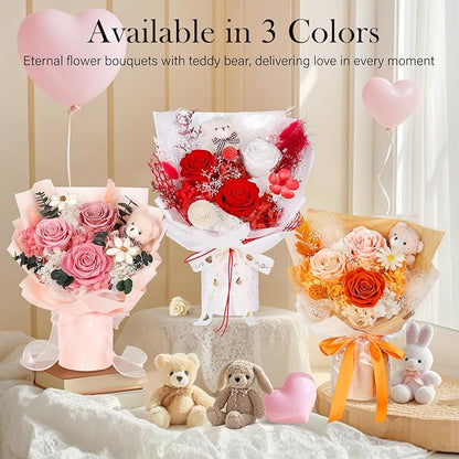 Preserved Flowers Bouquet with Bear, 3 Real Forever Flowers for Delivery, Long-Lasting Red Eteranl Roses Bouquet, Anniversary Birthday Valentine Gifts for Women Mom Her Wife Girlfriend Teenage Girls