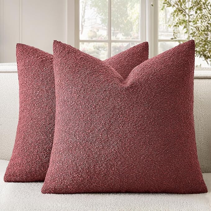 Woaboy Pack of 2 20x20 Inch Decorative Boucle Throw Pillow Covers Textured Square Pillowcaes Accent Solid Cozy Soft Cushion Covers Home Decor for Sofa Couch Living Room Home Decor,Burgundy