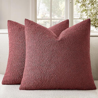 Woaboy Pack of 2 18x18 Inch Decorative Boucle Throw Pillow Covers Textured Square Pillowcaes Accent Solid Cozy Soft Cushion Covers Home Decor for Sofa Couch Living Room Home Decor,Burgundy