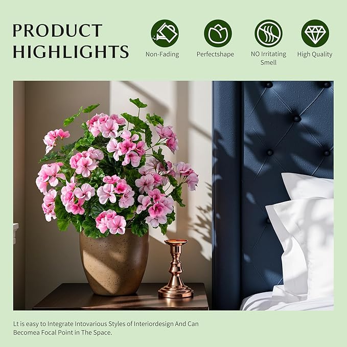 Artificial Flowers for Outdoors 17.7In Artificial Geraniums for Indoor Fake Flowers 4PCS Uv Resistant Artificial Outdoor Flowers Suitable for Indoor Home Decor Outdoor Garden Decoration,Pink