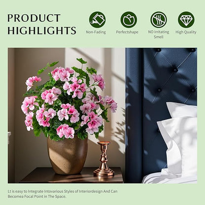 Artificial Flowers for Outdoors 17.7In Artificial Geraniums for Indoor Fake Flowers 4PCS Uv Resistant Artificial Outdoor Flowers Suitable for Indoor Home Decor Outdoor Garden Decoration,Pink