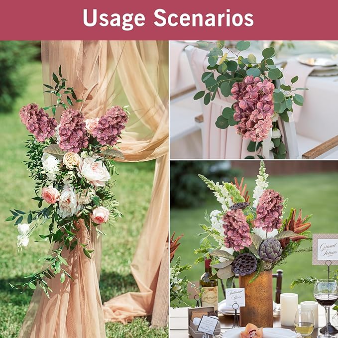 Burgundy Hydrangea Artificial Flowers,Fall Hydrangeas Artificial Flowers, Fake Fall Dried Hydrangea Decoration,Faux Silk Flower with Stems Winter Decor(Red Rose 24" 8pcs) Without Vase