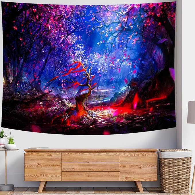 Delur Fantasy Forest Tapestry Enchanted Magical Fairy Tale Tree of Life Wall Hanging Tapestry Mystical Psychedelic Landscape Nature Headboard for Bedroom Living Room Home Decor (51.2" x 59.1")