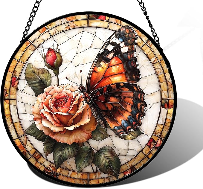 DASTOLL Stained Glass Window Hanging, Butterfly Picking Flowers Suncatcher for Doors Home Sun Catchers Decoration and Christmas, Mother's Day Birthday Gifts for Women, Men, and Mom 6.3 in