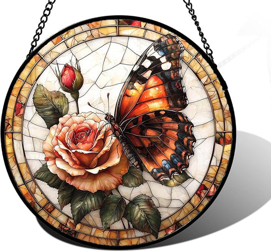 DASTOLL Stained Glass Window Hanging, Butterfly Picking Flowers Suncatcher for Doors Home Sun Catchers Decoration and Christmas, Mother's Day Birthday Gifts for Women, Men, and Mom 11.8x11.8 in
