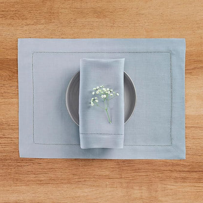 Solino Home Linen Cloth Placemats Set of 4-100% Pure Linen Hemstitch Dusty Blue Placemats 14 x 19 Inch - Classic Hemstitch Table Place Mats for Winter
