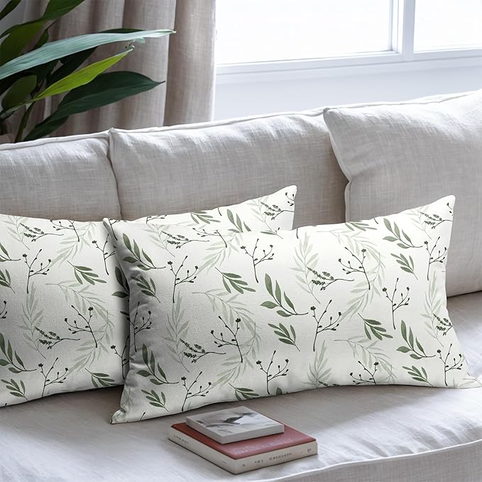 Sage Green Spring Pillow Covers 12x20 Set of 2 Leaves Throw Pillow Covers Neutral Pillowcase Linen Decoration Farmhouse Soft Decorative Plants Vintage Cushion Case Couch for Indoor Outdoor Home Decor