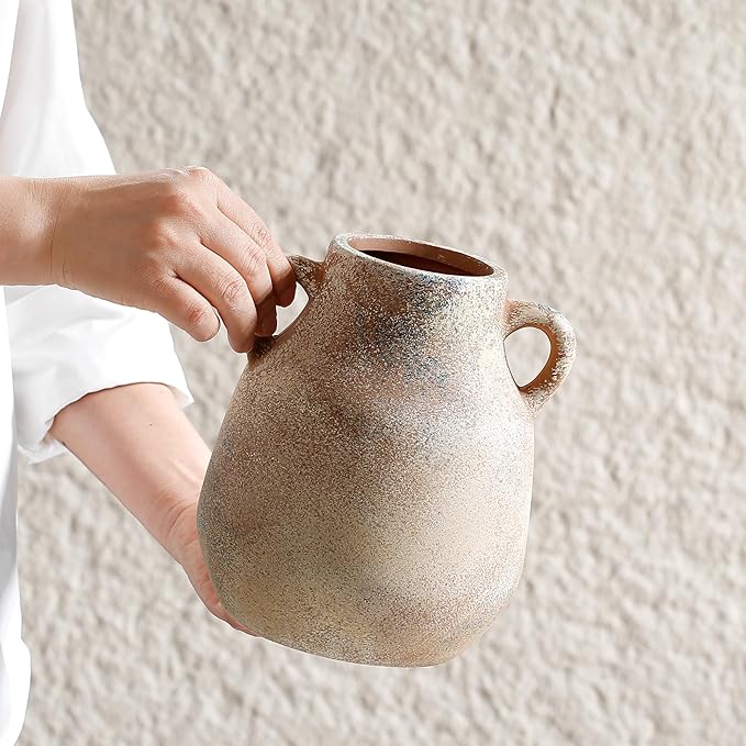 Ceramic Rustic Flower Vase, 7.48 Inch Pottery Modern Vase for Shelf, Tabletop, Vintage Farmhouse Home Decor for Coffee Table, Living Room, Mantle, Fireplace, Entryway