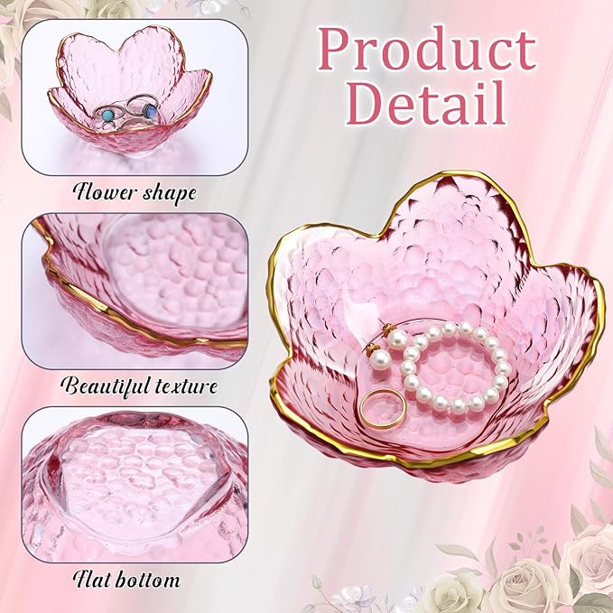 Quelay 8 Set Flower Ring Dish Jewelry Tray with Box and Greeting Card, Small Glass Trinket Tray for Rings Earrings Jewelry Room Decor Gifts for Women Mom Wife Daughter (Purple)