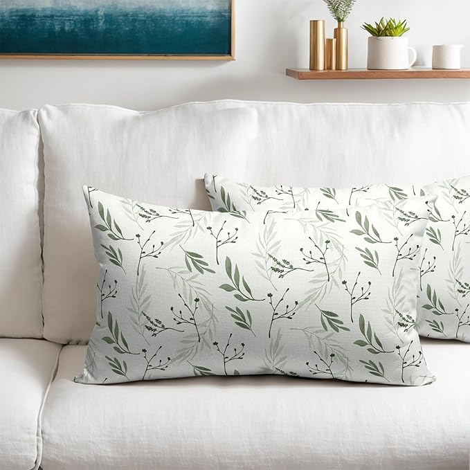 Sage Green Spring Pillow Covers 12x20 Set of 2 Leaves Throw Pillow Covers Neutral Pillowcase Linen Decoration Farmhouse Soft Decorative Plants Vintage Cushion Case Couch for Indoor Outdoor Home Decor