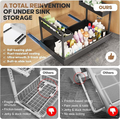 Expandable Under Sink Organizer with 3 Ball-Bearing Slide Rails , 2-Tier Pull-Out Under Cabinet Storage Shelf for Kitchen & Bathroom , Height-Adjustable Slide-Out Cabinet Drawer （Black, 1-Pack）