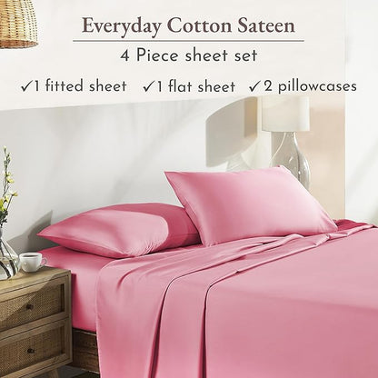California Design Den Natural 100% Cotton Sheets King Size Set - Soft Sateen Weave, Fully Elasticized Deep Pocket King Sheet Set, Breathable and Durable Bedding - Doll Pink