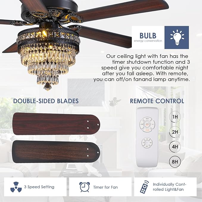 Asyko Crystal Ceiling Fan Fandelier with Lights - Modern Outdoor Fans with Remote Control，Noiseless AC Motor, Retro/Farmhouse Lighting, Dining Room， Living Room (52"