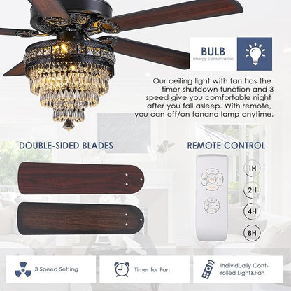 Asyko Crystal Ceiling Fan Fandelier with Lights - Modern Outdoor Fans with Remote Control，Noiseless AC Motor, Retro/Farmhouse Lighting, Dining Room， Living Room (52"