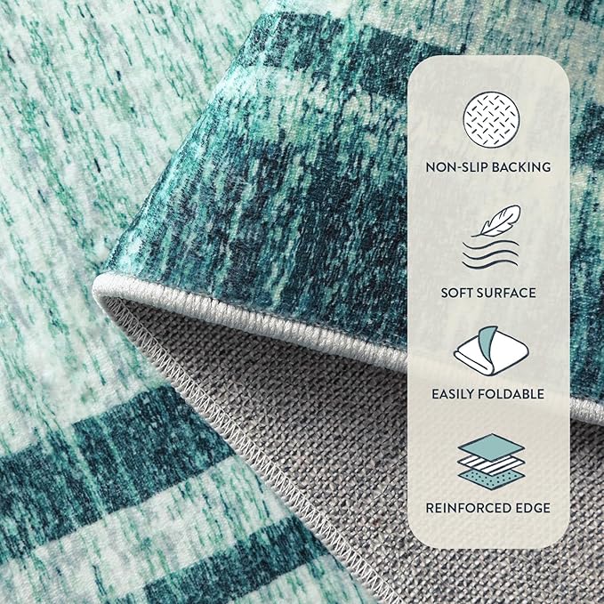 Lahome Abstract Round 4ft Entryway Rug, Washable Teal Entry Rugs Non Slip Circle Kitchen Carpet, Minimalist Border Dining Room Rug Indoor Room Carpet for Under Chair Coffee Table Entrance Mats